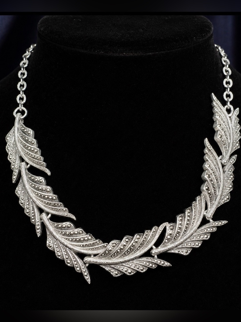 Necklace Choker Vintage Signed “Germany” Marcasite-Look Linked Leaves Silver